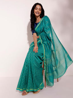 Fabindia - Teal Cotton Silk Printed Saree without Blouse