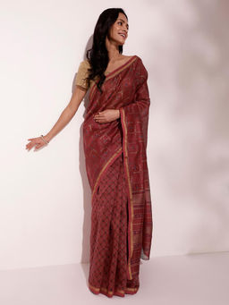 Fabindia - Red Cotton Silk Printed Saree without Blouse