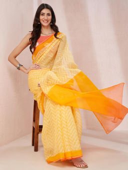 Fabindia - Yellow Cotton Silk Hand Block Printed Saree without Blouse