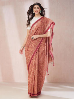 Fabindia - Brown Cotton Silk Blend Hand Block Printed Saree without Blouse