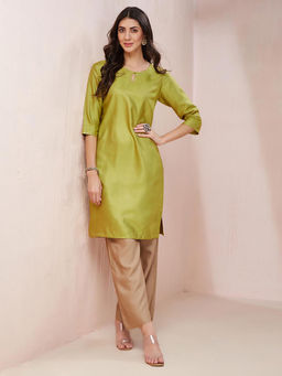 Fabindia - Green Viscose Silk Embroidered Kurta