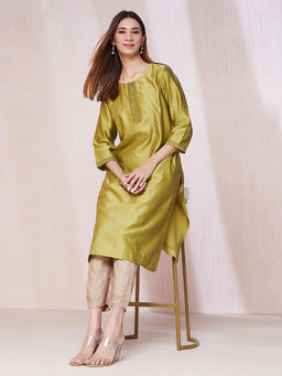 Fabindia - Green Cotton Silk Embroidered Long Kurta