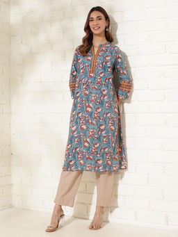 Fabindia - Blue Cotton Hand Block Printed Long Kurta