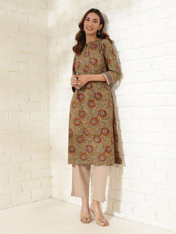 Fabindia - Mustard Cotton Kalamkari Printed Long Kurta