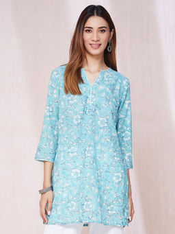 Fabindia - Blue Cotton Block Printed Slim Fit Short Kurta