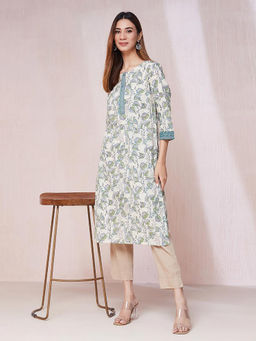 Fabindia - Green Cotton Hand Block Printed Long Kurta