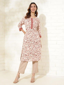 Fabindia - Peach Cotton Hand Block Printed Long Kurta