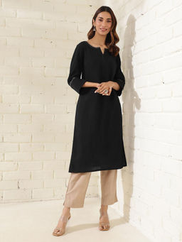 Fabindia - Black Cotton Embroidered Long Kurta