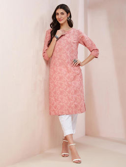 Fabindia - Pink Cotton Linen Hand Block Printed Long Kurta
