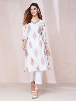 Fabindia - White Cotton Silk Hand Block Printed Long Kurta