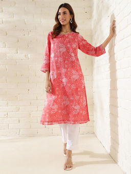 Fabindia - Pink Cotton Silk Hand Block Printed Long Kurta