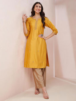 Fabindia - Yellow Viscose Silk Embroidered Long Kurta