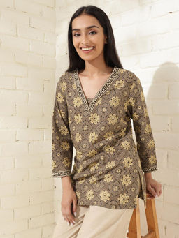 Fabindia - Grey Cotton Ajrakh Printed Short Kurta