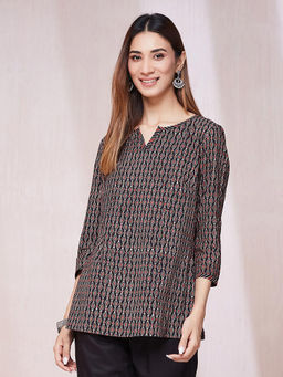 Fabindia - Black Cotton Ajrakh Printed Slim Fit Short Kurta