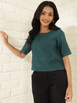 Fabindia - Blue Cotton Silk Blend Printed Top