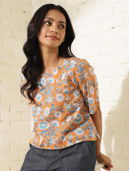 Fabindia - Orange Cotton Printed Top