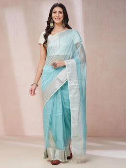 Fabindia - Turquoise Cotton Silk Blend Sari