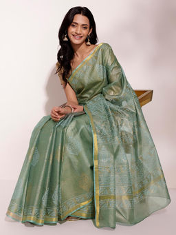 Fabindia - Blue Silk Hand Block Printed Saree without Blouse