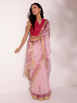 Fabindia - Pink Silk Hand Block Printed Saree without Blouse