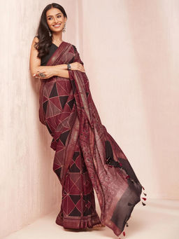 Fabindia - Maroon Cotton Silk Ajrakh Printed Saree without Blouse