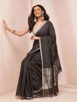 Fabindia - Black Cotton Silk Woven Saree without Blouse