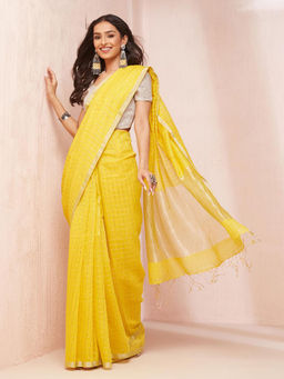 Fabindia - Yellow Cotton Silk Woven Saree without Blouse