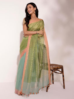 Fabindia - Light Blue Linen Blend Hand Woven Saree without Blouse