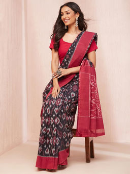 Fabindia - Black Cotton Ikat Saree without Blouse