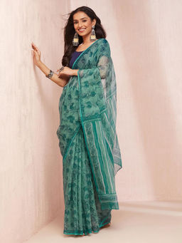 Fabindia - Green Cotton Silk Hand Block Printed Saree without Blouse