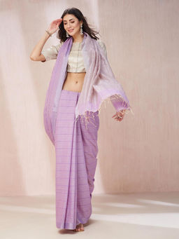 Fabindia - Purple Linen Blend Woven Saree without Blouse
