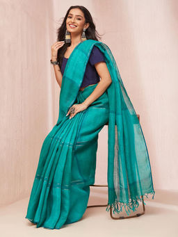 Fabindia - Green Linen Blend Woven Saree without Blouse