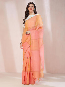 Fabindia - Pink Linen Blend Woven Saree without Blouse