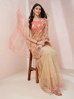 Fabindia - Natural Cotton Silk Hand Block Printed Saree without Blouse