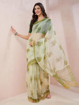 Fabindia - Green Cotton Silk Hand Block Printed Saree without Blouse