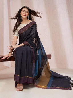 Fabindia - Black Cotton Woven Saree without Blouse