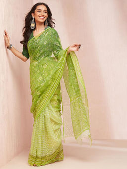 Fabindia - Green Cotton Silk Hand Block Printed Saree without Blouse