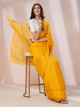 Fabindia - Yellow Cotton Woven Saree without Blouse