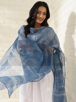 Fabindia - Blue Cotton Silk Dabu Printed Dupatta