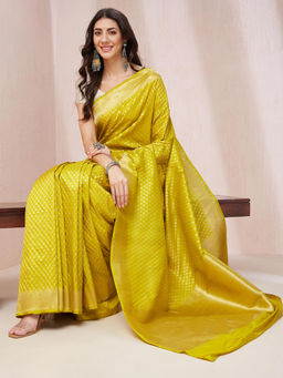 Fabindia - Green Silk Blend Woven Saree without Blouse