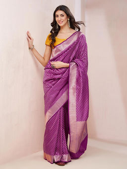 Fabindia - Purple Silk Blend Woven Saree without Blouse