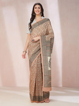 Fabindia - Brown Viscose Hand Block Printed Saree without Blouse