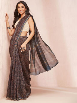 Fabindia - Indigo Cotton Silk Blend Dabu Printed Saree without Blouse