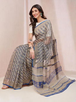 Fabindia - Indigo Cotton Silk Printed Bagru Saree without Blouse