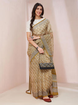 Fabindia - Mustard Cotton Silk Printed Bagru Saree without Blouse