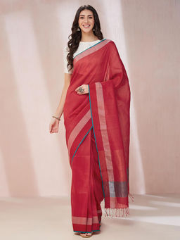Fabindia - Red Linen Blend Woven Saree without Blouse