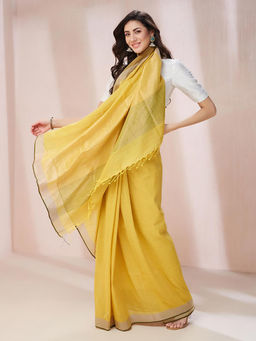 Fabindia - Yellow Linen Blend Woven Saree without Blouse