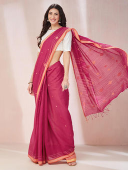 Fabindia - Magenta Cotton Jamdani Saree without Blouse