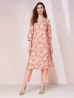 Fabindia - Peach Cotton Silk Hand Block Printed Kurta & Pant (Set of 2)