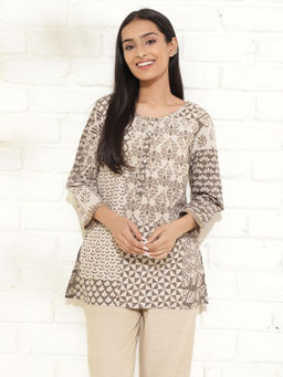 Fabindia - Grey Cotton Dabu Printed Short Kurta