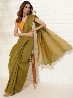 Fabindia - Green Linen Blend Woven Saree without Blouse